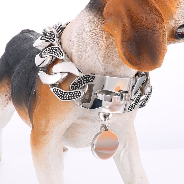 Starke kubanische Kette, Edelstahlhalsband, mittelgroßes großes Haustier-Hundehalsband, Halskettenanhänger, große Hundeketten, Etikett kann graviert werden, luxuriöse Sicherheitsschnalle, 422 g, schwer, 30 mm, 45,7 cm