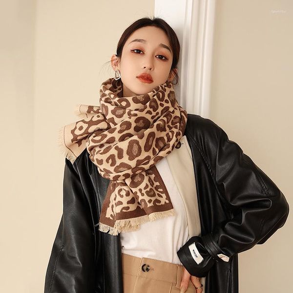 Lenços 2023 cachecol de caxemira de inverno hijab para mulheres estampa de leopardo grosso quente pashmina xale urdidura lenço de pescoço bufanda Foulard