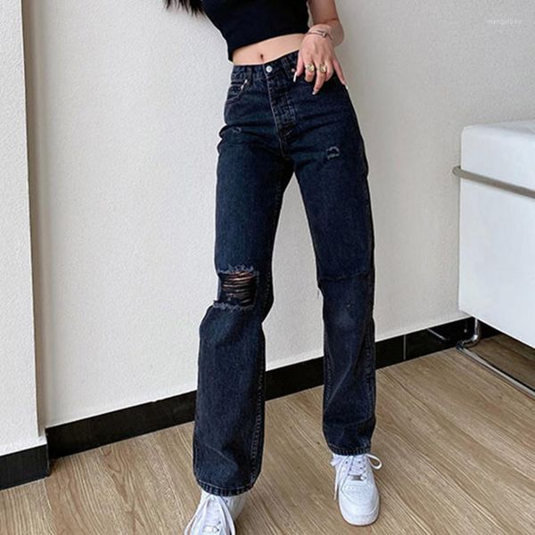 Damen-Jeans, dunkelblau, weiblich, mittlere Taille, Mom, zerrissen, 2023, Damen, Y2K, lässige gerade Hose, gewaschene, gebleichte Loch-Denim-Hose