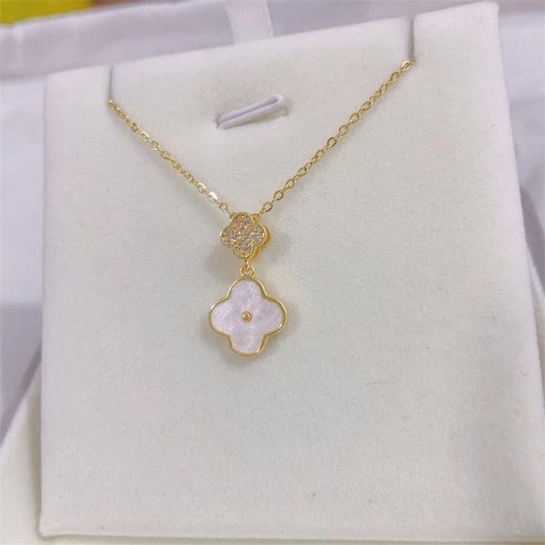 Colares com pingente de designer de luxo, colar com pingente de trevo de camada dupla, banhado a ouro 18K, para o Dia das Mães, Dia de Ação de Graças, joias para mulheres e meninas, presente