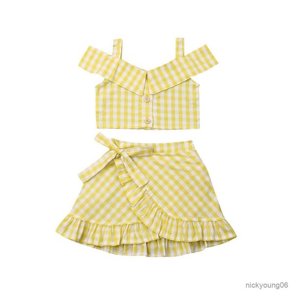 Conjuntos de roupas para meninas, blusas e saias xadrez sem mangas para o verão, 2 peças, roupas para bebês e crianças
