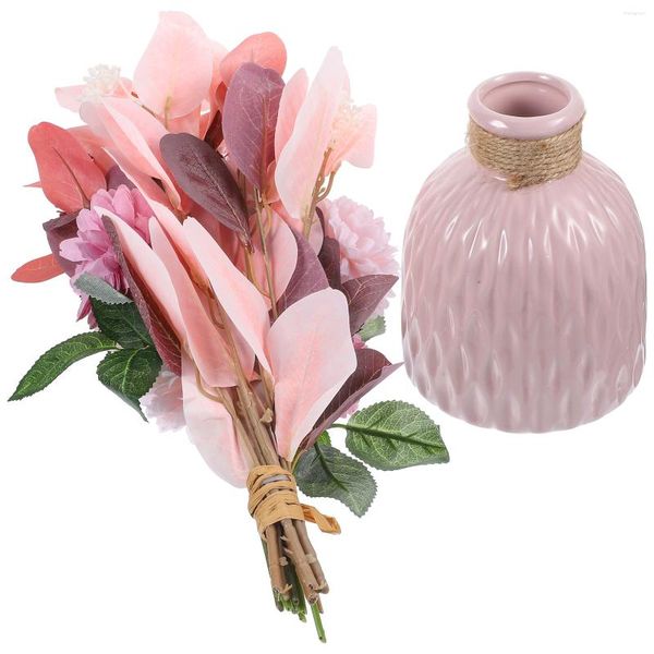 Декоративные цветы 1 Set Hydrangea Искусственный цветочный букет с керамической вазой реалистичный расположение