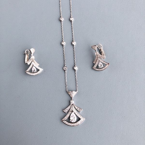 Coleção de grifes estilo moda colar brincos prisioneiros prata esterlina s925 mulheres senhora incrustado com diamante completo pingente em forma de leque conjuntos de joias