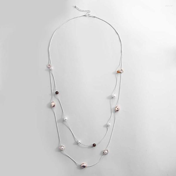 Collane con ciondolo Collana con perline in metallo con perle di moda ALLYES per donna Gioielli con ciondoli a catena lunga color argento a doppio strato