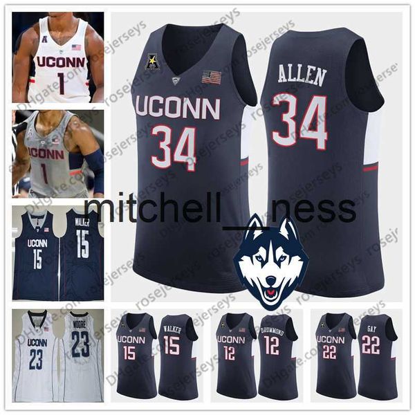 Mit8 NCAA Uconn Huskies # 34 Allen 22 Gay 15 Walker 12 Drummond Maya Moore branco Ray Rudy Kemba Andre 23 cinza azul Connecticut Jerseys