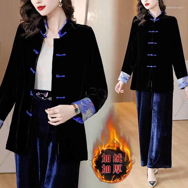 Abbigliamento etnico Moda moderna Cina Tang Suit Giacca imbottita nera orientale Donna Inverno Addensare Cappotto caldo Abbigliamento anno cinese Donna 2023