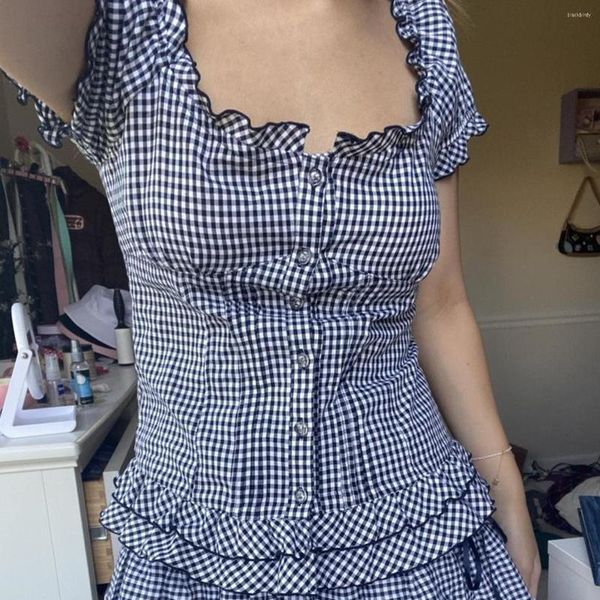 Damen-T-Shirts Gaono Y2K Vintage Plaid Rüschen Milkmaid Tops Niedliche Retro-Ästhetik Bustier Korsett Sommer Kurzes Puffärmel-T-Shirt zum Binden