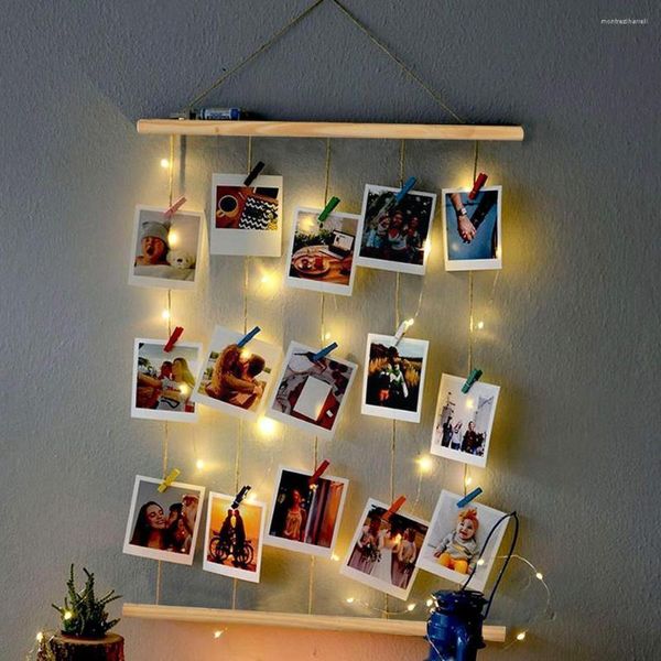 Corde in legno fatte a mano con coulisse Illuminato Po Hanger Clips String Hanging Led Collage Wall Display Clip Frame Light P J5N0