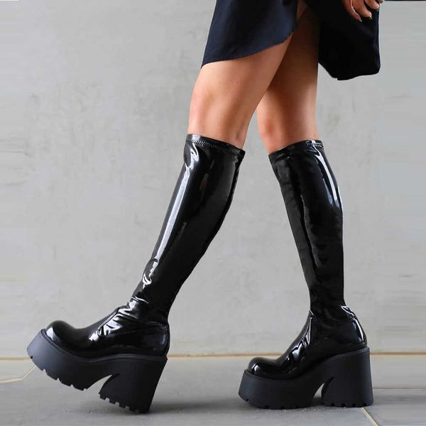 Stiefel GIGIFOX Neue Punk Gothic Stil Kniehohe Stiefel Für Frauen Plattform High Heels Slip Auf Schwarz Casual Runde Kappe Stretch stiefel Schuhe Z0605