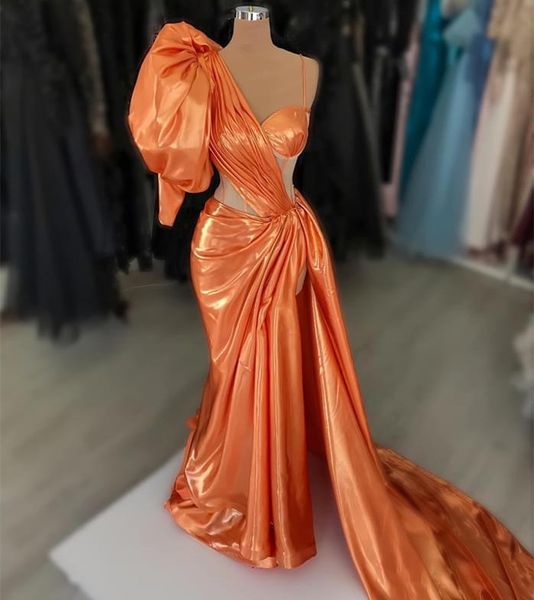 2023 Vestido de Formatura Laranja Sereia Spaghetti Cetim Dividido Alto Festa de Boas-Vindas Formal Coquetel Vestidos de Baile Vestidos ZJ409