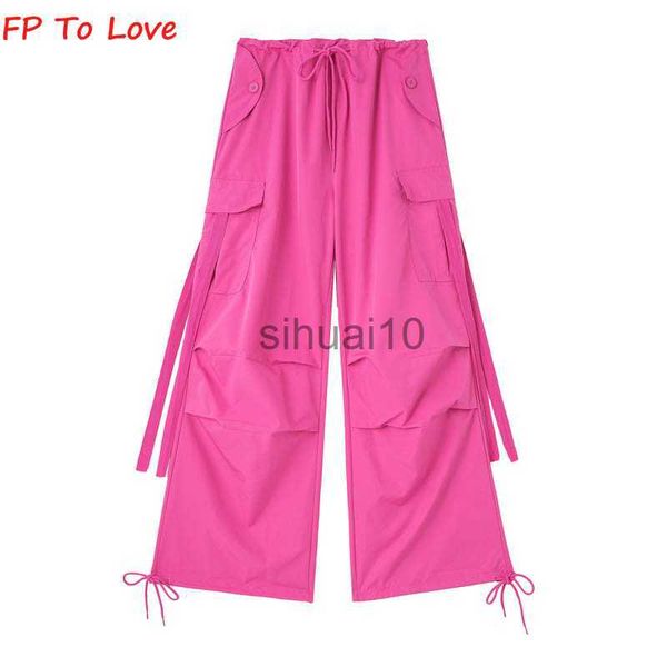 Calça Feminina Capris Y2K Bolso Cargo Pants Mulher Calça Solta Perna Larga Cinto Rosa Chocante Cinto Campus PB ZA Feminino Amarelo Vermelho Cinza Preto J230605