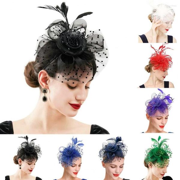 Boinas Vintage Bead Decor Dot Print Mesh Flower Feather Fascinator Hat Headband Clip Cocktail Tea Party Headwear Acessórios de Cabelo