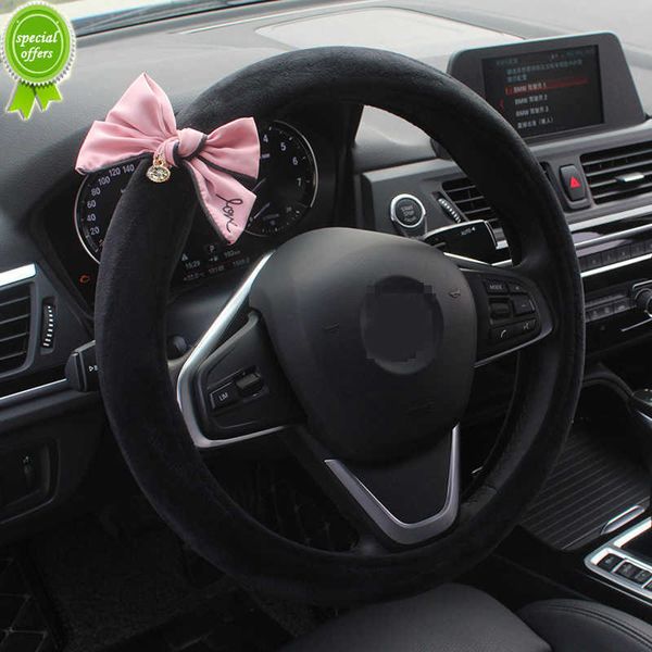 New Cute Bowknot Universal Car Steering Wheel Cover Winter Soft Plush Crystal Steering Wheels Case Women Auto Interior Decoration