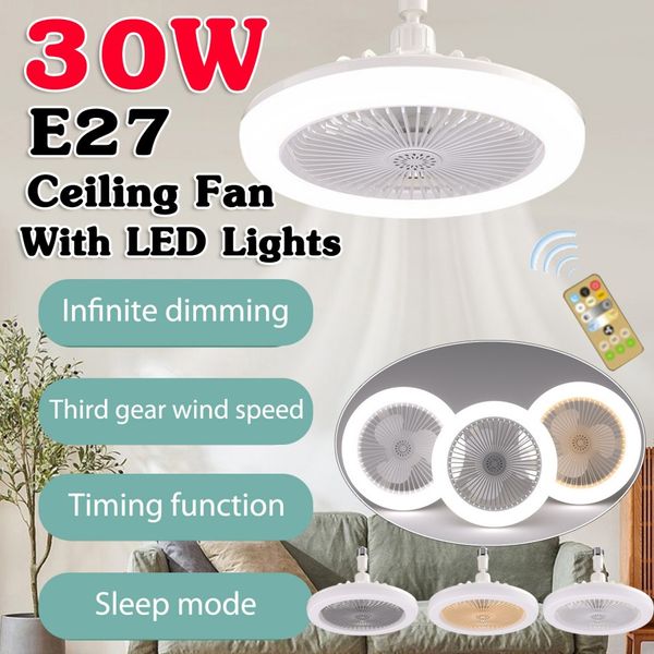 Ventilatore da soffitto 30W con lampada E27 Convertitore Base Ventola di raffreddamento silenziosa Luce Telecomando Lampadari domestici Ventilatore a 3 velocità per camera da letto