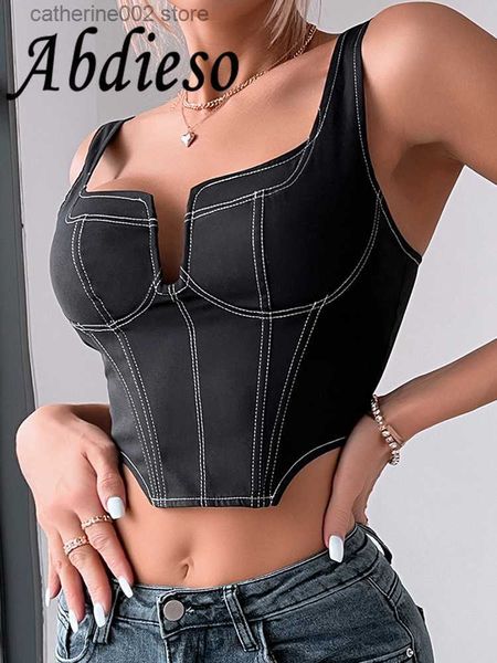 Damen Tanks Camis Abdieso Schwarz Sommer Rückenfrei Sexy Crop Korsett Top Frauen Y2K Streetwear 2023 Reißverschluss V-Ausschnitt Ärmellos Vintage Basic Tank Tops T230605