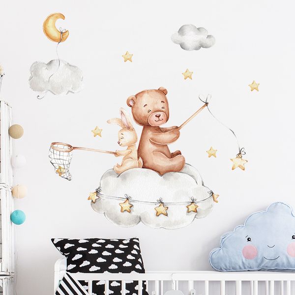 Bear Bunny Star Moon Wall Stickers Baby Kids Room Decorazione della casa Carta da parati Soggiorno Camera da letto Nursery Decalcomanie Cartoon Sticker