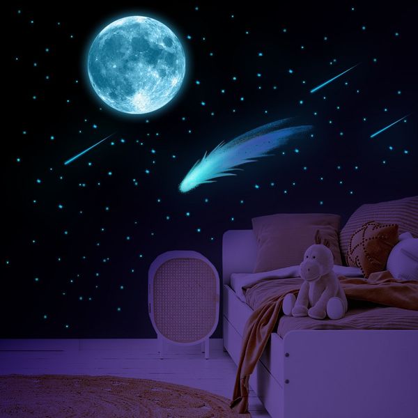 Mavi Hafif Ay Aydınlık Çıkartmalar Meteor Koyu Duvar Çıkarmaları Çocuklar İçin Bebek Odaları Yatak Odası Kreş Tavan Ev Dekor