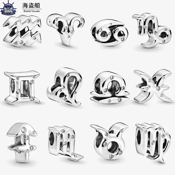 Per charms pandora perline in argento sterling Sparkling Zodiac Slide Bracciali Perline Charms in stile europeo Perline di Murano