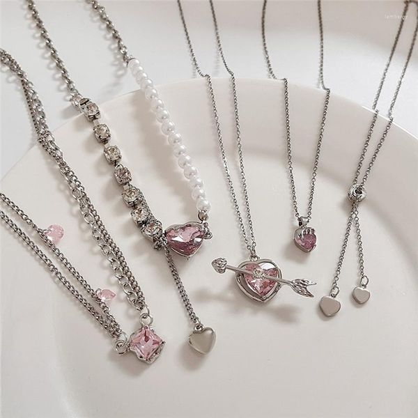 Catene Collana con ciondolo cuore rosa per gli amanti delle donne Rhinestione Clavicola Catena Chocker Donna Carino Crystal Moonstone Jewlery Regali