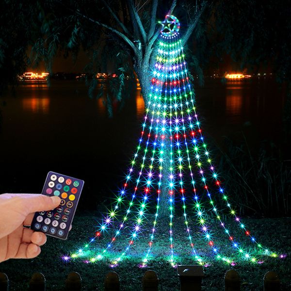 Cordas de LED lua estrela cascata luzes árvore de natal interior ao ar livre à prova dwaterproof água solar controle remoto cortina decorativa luzes 8 modos 9 suportes branco quente rgb