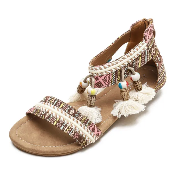 Sandali con zeppa bohémien Estate da donna Nuovo stile nazionale Retro Open-toed Beach Holiday Canvas Color Matching Sandali in stile romano