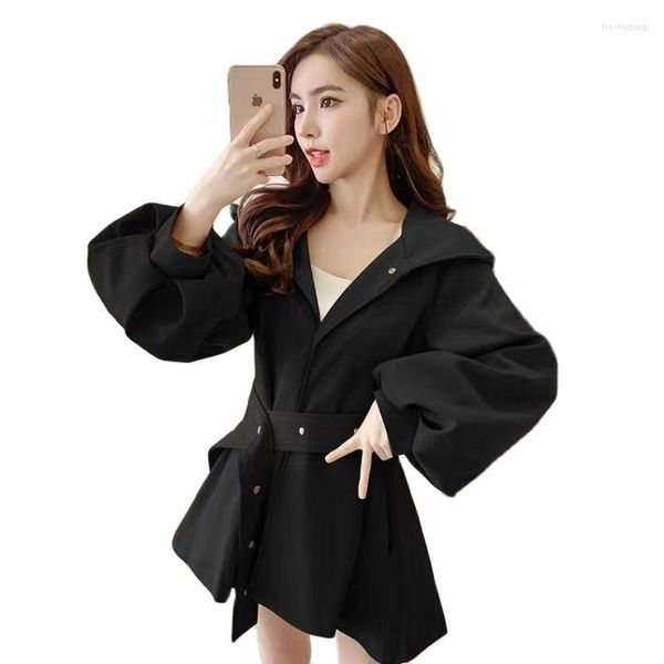 Giacche da donna Coreano Chic Giacca a vento con cappuccio Cappotto Donna Primavera Autunno Manicotto a lanterna da uomo anziano Senso casual Tendenza da donna britannica