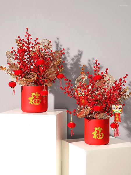 Flores decorativas longas artificiais buquê de frutas vermelhas plantas de seda faça você mesmo arranjo de vasos para casa enfeites de árvore de natal decorações de festa de ano