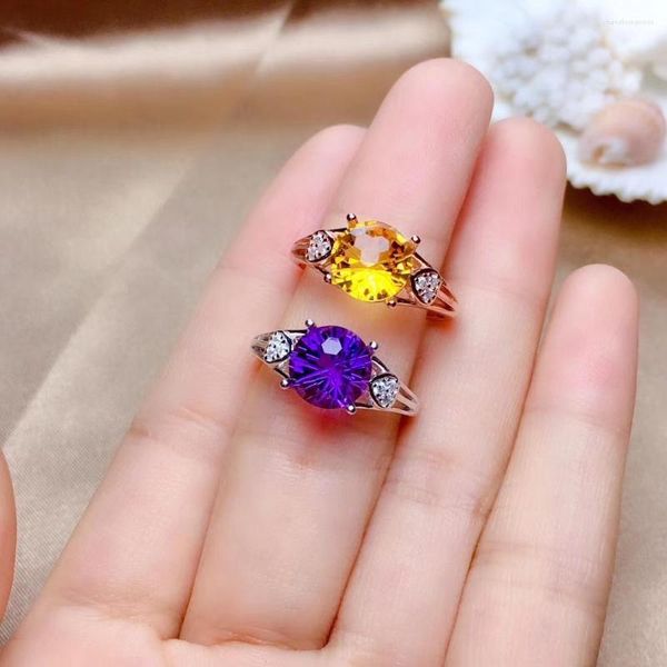 Cluster-Ringe Charmanter lila Amethyst / gelber Citrin-Ring für Frauen Schmuck Echt 925 Silber Gute Farbe runder Naturstein Geburtstagsgeschenk