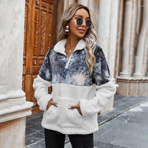 Damen Hoodies Frauen Herbst Winter Tie-Dye Farbblock Sweatshirt Half Zip Up Revers Langarm Pullover Tops Flauschiger Plüsch Dick Warm Lose