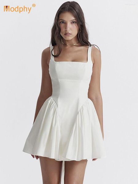 Vestidos casuais modphy branco elegante sem mangas sexy evasê mini vestido sem costas laço festa feminino 2023 roupas da moda verão