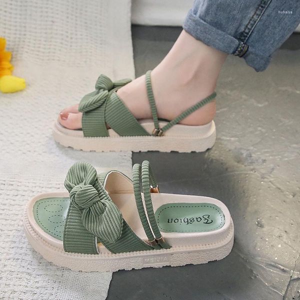 Hausschuhe 2023 Sommer Sandalen Weibliche Fee Stil Outdoor Casual Bogen Dicken Boden Römischen Flache Schuhe Student Damen Alias