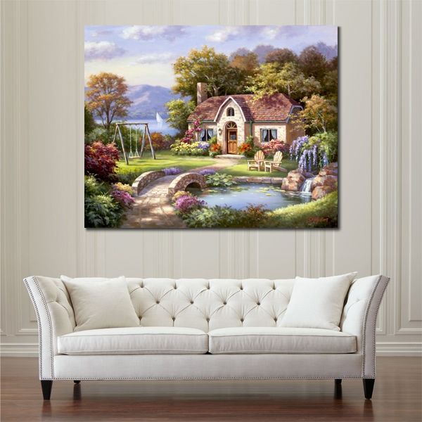 Handgemalte realistische Landschaft auf Leinwand, Wandkunst, Steinbrücke, Cottage, Sung Kim, Gemälde, schöne Esszimmerdekoration