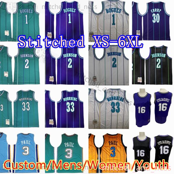 Retrocesso Tyrone 1 Muggsy Jersey Personalizado XS-6XL Retro Stitched Basketball Jerseys Larry 2 Johnson Dell 30 Curry Alonzo 33 Luto Chris 3 Paul 16 Stojakovic