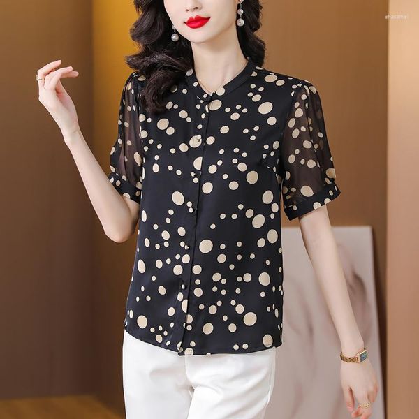 Женские блузки 2023 лето черные шелковые шифоновые рубашка для печати женская кнопка с коротким рукавом с короткими рукавами сетка.