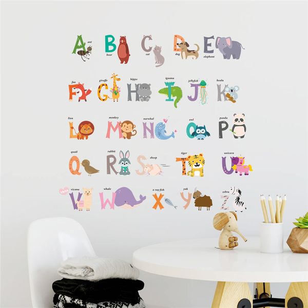 Cartoon-Tiere, 26 ABC-Alphabet-Wörter, Wandaufkleber, Schlafzimmer, Kinderzimmer, Heimdekoration, PVC-Wandaufkleber, DIY-Wandkunst