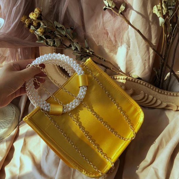 Sacos de noite retrô amarelo cetim nicho leve bolsa feminina de luxo bolsa pérola maré bolsas para 2023 designer moderno high-end elegância escritório