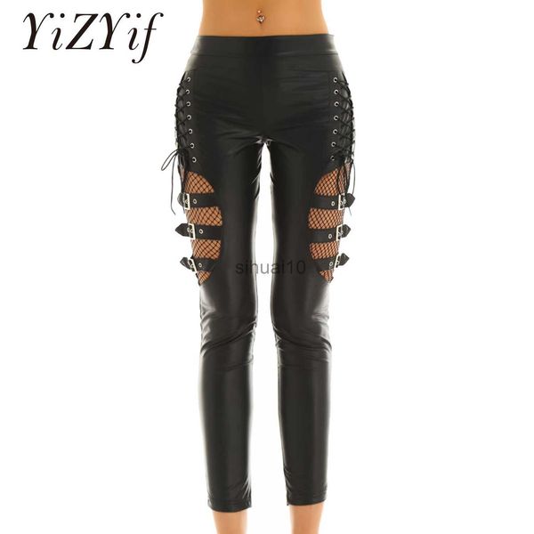 Pantalon Femme Capris Pantalon Femme Look Mouillé Faux Cuir Taille Mi Résille Splice Cuisse avec Boucles Décoration Côté Lacet Extensible Ling Pantalon J230605