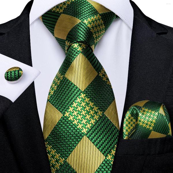 Conjunto de gravata de seda masculina de gravata borboleta de luxo verde ouro xadrez de negócios pescoço de casamento para homens presente itens de atacado