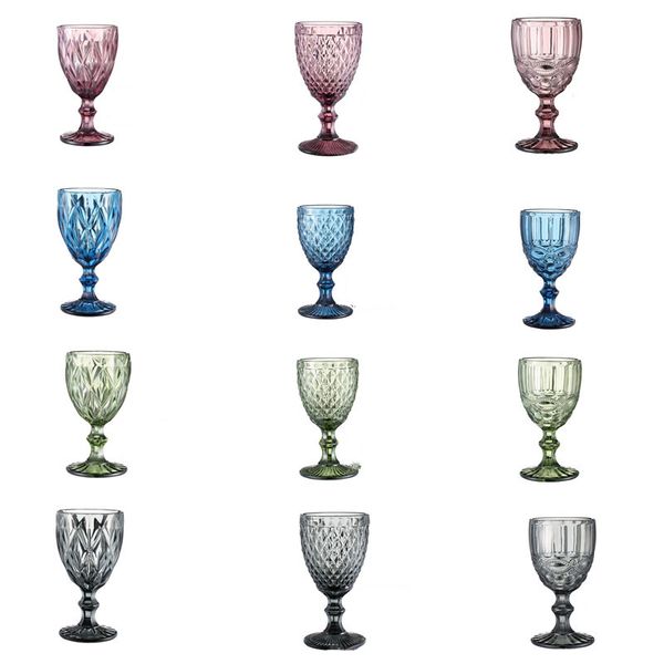 240ml 300ml Taças de Vinho Vintage com Vitrais em Relevo Estilo Europeu Taça de Vidro Colorido com Haste Taça de Casamento