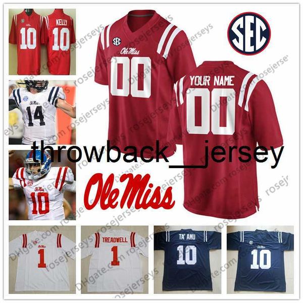 thr Custom Ole Miss Rebels Football Qualsiasi nome Numero Rosso Blu Bianco 10 John Rhys Plumlee 2 Matt Corral 22 Scottie Phillips Jersey 4XL