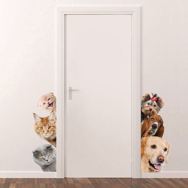 Engraçado 3D gato cachorro porta adesivo de parede para quarto de crianças quarto decoração de casa fundo arte decalques decorações de quarto adesivos de animais fofos