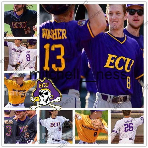 MIT8 Custom East Carolina Pirates 2019 ECU Baseball Любое название фиолетовое бело -черное желтое 13 Джейк Шайош 8 Turner Brown Men Youth Jersey