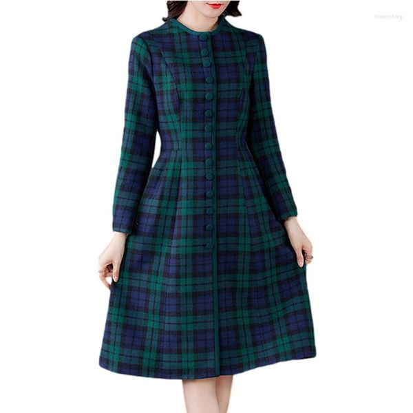 Casual Kleider Herbst Winter Frauen Vintage Plaid Kleid Langarm Grün Mode Mid-Lange Damen Verdickung Woolen Weibliche