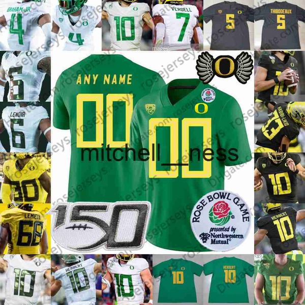 Mit8 Custom 2021 Oregon Ducks Football Jersey 8 Mariota 13 Anthony Brown 26 Travis Dye 2 Devon Williams 7 CJ Verdell Rose Bowl 150TH Branco Preto Verde Amarelo Camisas S4X