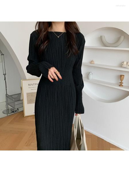 Vestidos Casuais Moda Coreana Escritório Senhora Estilo Cintura Elástica Vintage Bodycon Simplesmente Manga Longa Robe Preto Roupas