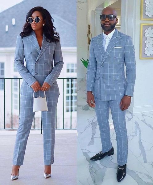 Ternos Masculinos Casal Moderno Cheque Azul Céu Negócios Casuais Mulheres e Homens Conjuntos de Blazer Slim Fit Casamento Noivo Festa Vestido Elegante 2 Peças