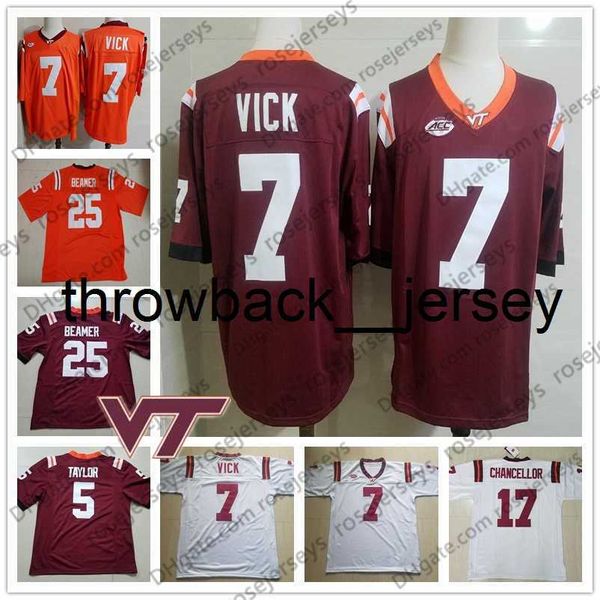 thr Maßgeschneidertes Virginia Tech Hokies #7 Michael Vick 5 Tyrod Taylor 17 Kam Chancellor 25 Frank Beamer 78 Bruce Smith Rotes Trikot im Ruhestand 4XL