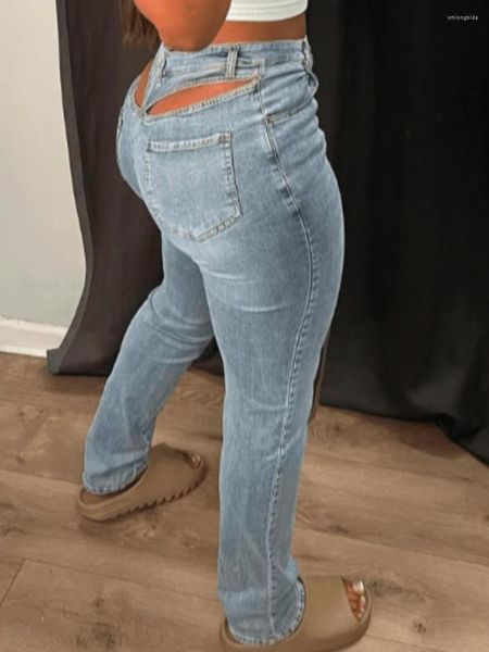 Jeans femininos mulheres jeans lw meados de cintura corte elástico lavagem luz azul volta oca-out calças jeans mulheres moda streetwears sexy zíper x0914