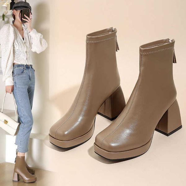 Botas Nova Moda Ankle Boots para Mulheres Salto Alto Chunky Platform Tecido Stretch Bico Quadrado Sola Branca Zíper Botinhas para Jovens Senhoras 2022 Z0605