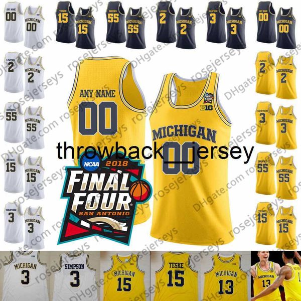 thr Custom Michigan Wolverines 2020 Basket 2 Isaiah Livers 3 Zavier Simpson 15 Jon Teske 55 Eli Brooks Webber Maglia bianca gialla blu navy